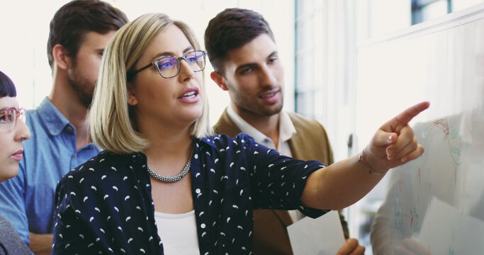 Presentation, mentor and coaching with woman in meeting pointing for strategy, branding or analytics chart. Agenda, data or collaboration with business people in workshop for leadership and planning