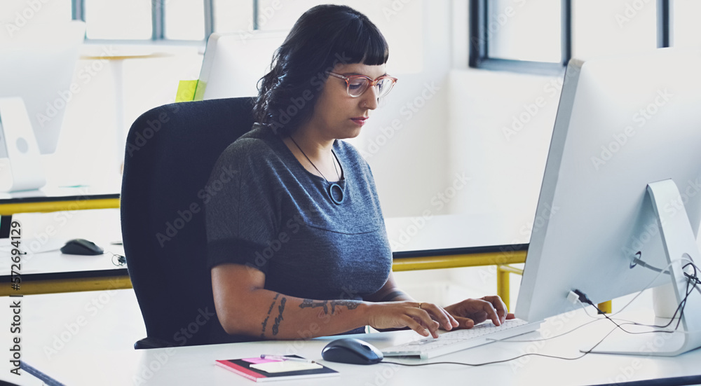 Poster Computer, startup or focus woman in office typing for cybersecurity, app coding or networking. Research, desk or employee working on tech for software code, programming or SEO website server review