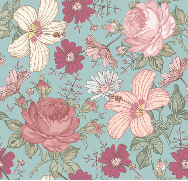 Seamless pattern. Beautiful pink blooming realistic isolated flowers. Vintage background. Set Chamomile Roses hibiscus mallow wildflowers. Wallpaper. Drawing engraving. Vector victorian Illustration © Наталья Лобенко