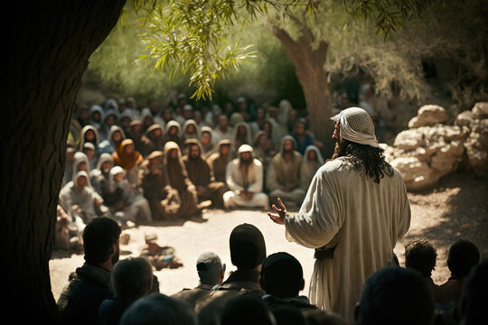Jesus Teaching on top of the rock in the mountains	