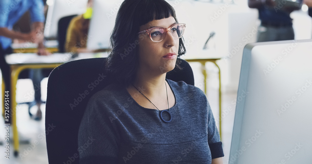Poster thinking, planning and computer with business woman in office for designer, idea and email. technolo