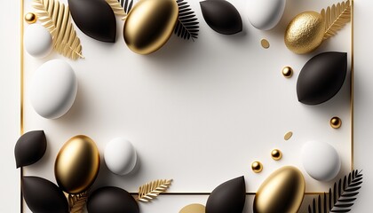 black and white easter eggs, decorated with golden elements, on white background, top view, flat lay, with space for text, Generative AI