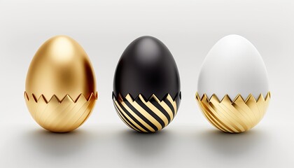 black and white easter eggs, decorated with golden elements, standing in a row on white background, Generative AI