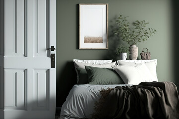 Black picture frame mockup in portrait orientation on sage wall. View of a bedroom through an open, white door. On the wooden bed are pillows made of rusted muslin and grey linen. Scandinavian style d - obrazy, fototapety, plakaty