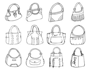 Collection of 12 vector illustrations of female bags.Hand drawn style for custom design, print, patterns.Women fashion handbags collection, vector sketch illustration. Different types of stylish bags,