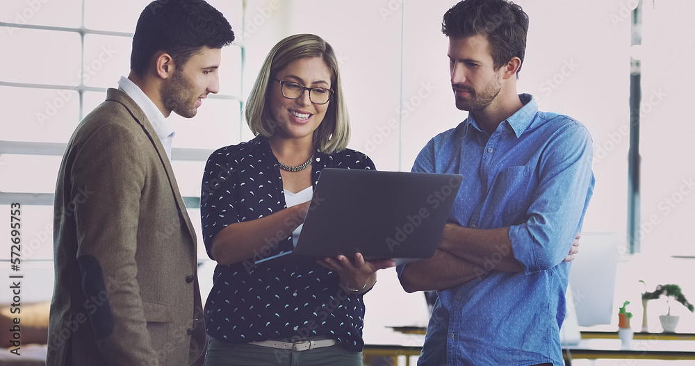 Aufkleber laptop, collaboration and happy business people consulting on social network, customer experience or