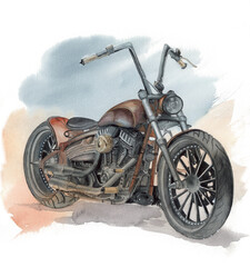 Watercolor illustration of a custom motorcycle on a sepia background with it&rsquo;s shadow 