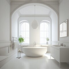 Bathroom Bliss: A photo of a serene white bathroom with a large bathtub and modern fixtures, perfect for relaxation Generative AI
