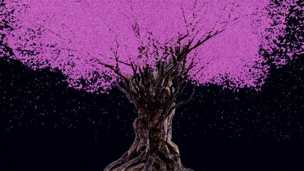 A tree of cherry blossom bloom in nightly scene and falling and swaying many petals by wind chill.