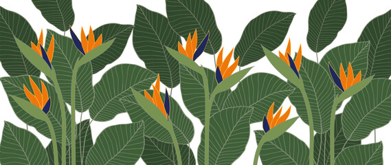 Abstract botanical art vector. Tropical line art wallpaper modern shape. Bird of paradise foliage, strelitzia with yellow flowers, tropical and floral pattern, design for home decor, fabric, wall art