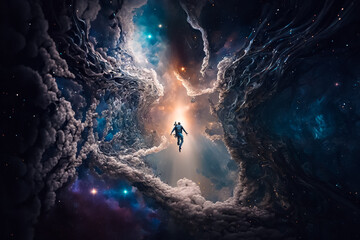 A man flying in the simulation of the galaxy without gravity. Generative AI - obrazy, fototapety, plakaty