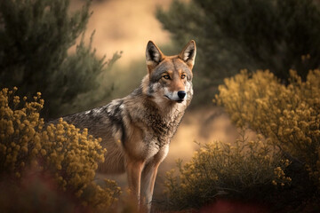 Generative AI illustration of a iberian wolf of Spain (European wolf) with hazel eyes looking at camera in nature