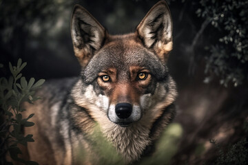 Generative AI illustration of a iberian wolf of Spain (European wolf) with hazel eyes looking at camera in nature