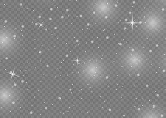 Fine, shiny dust particles fall off slightly.Winter background of snowflakes blown by the wind on a white transparent background.