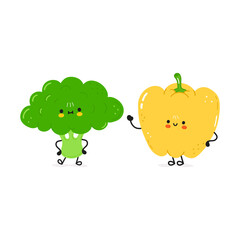Broccoli and bell pepper card. Vector hand drawn doodle style cartoon character illustration icon design. Happy broccoli and bell pepper friends concept card