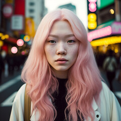 Generative ai portrait young asiatic rebel pink hair woman looking camera serene and confident