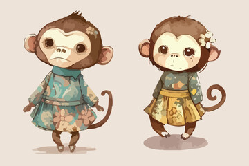 cute doodle a monkey wearing funny dress cartoon style with watercolor illustration