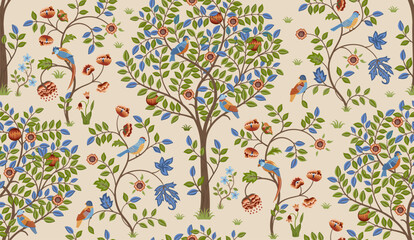 Fantasy tree with birds seamless ornament on light background. Vector illustration - 572697977