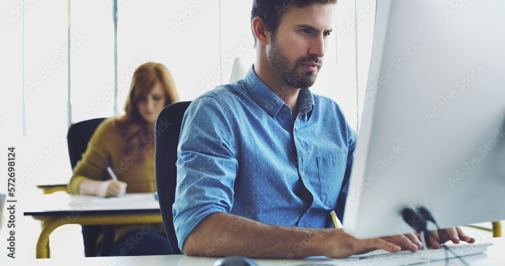 Poster Focus, computer or man in office for cybersecurity, app coding or networking. Programmer, developer or employee typing on tech for software code, programming or startup SEO website schedule review