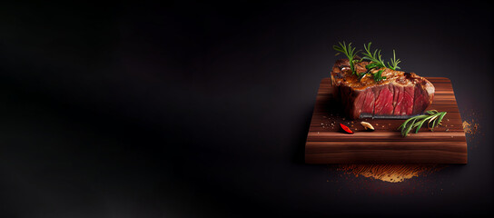 beef steak in the wooden board realistic 3D, product showcase for food photography generative ai
