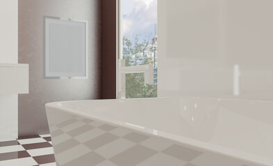 Scandinavian bathroom, classic  vintage interior design. 3D rendering.. Mockup.   Empty paintings