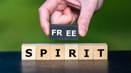 Wooden cubes form the expression 'free spirit'.