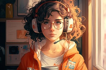 A beautiful girl wearing glasses and listening to lofi hip-hop music on her headphones, generative ai