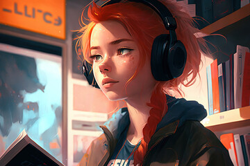 An anime-style girl with red hair wearing headphones, lo-fi style, generative ai - obrazy, fototapety, plakaty