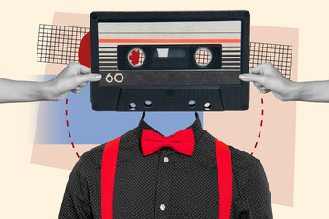 Collage 3d image of pinup pop retro sketch of arms holding cassette instead guy head isolated...