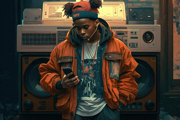 Lofi hip-hop artist standing in front of a vintage sound system, generative ai
