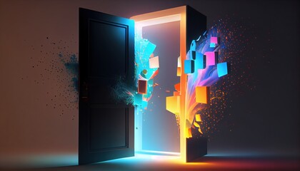 abstract background Fantasy illustration of the door was open and color splash. abstract Digital door was open with colors. technology concept and social media colorful lighting. Generative Ai