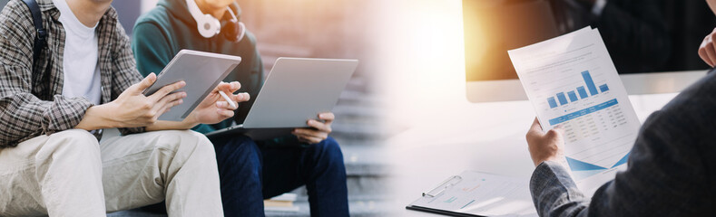 Financial analysts analyze business financial reports on a digital tablet planning investment project during a discussion at a meeting of corporate showing the results of their successful teamwork.