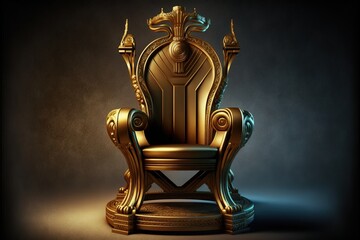 Golden throne with leather upholstered wings. Luxurious furniture, symbol of kings, golden ornament, black background. Illustration in high quality. Generative AI