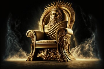 Golden throne with leather upholstered wings. Luxurious furniture, symbol of kings, golden ornament, black background. Illustration in high quality. Generative AI