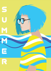 art summer holiday poster; portrait of a young model girl walking on beach; sunglasses , bag;  flat vector illustration; traveling template poster; time for travel