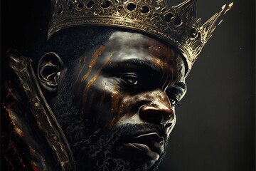 Black skin king in a crown on a gradient background. Leader, combat makeup, tattoos, tribal leader, black skin, symbol of power. Illustration in high quality. Generative AI - obrazy, fototapety, plakaty