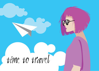 art fashion portrait of a model girl with sunglasses; flat vector; time to travel and summer holiday poster; 