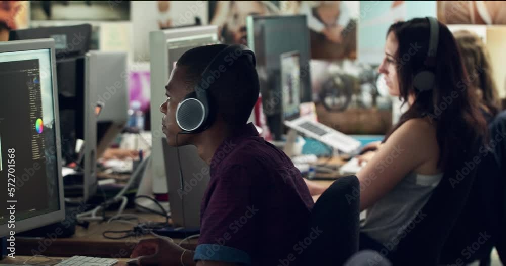 Aufkleber photography design, editor software or black man on computer working with headphones in a office. de