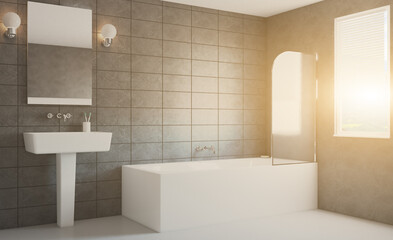 Sunset.. Spacious bathroom in gray tones with heated floors, freestanding tub. 3D rendering.