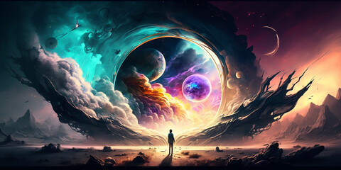 Surreal and Mesmerizing Illustration of a Person Standing in Front of a Cosmic Portal on a Desert Planet, Revealing a Multitude of Colorful Galaxies and Planets Beyond in a Fantastic Sci-Fi Concept