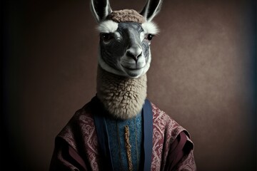 Fototapeta premium Lama in a in Jewish robes on a gray background close up. Animals, serious look, funny pictures, concept idea. Illustration in high quality. Generative AI