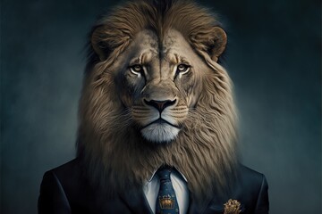 Bussieness lion in a jacket suit on a gray with a tie background close up. Animals, serious look, funny safari. Office suit concept. Illustration in high quality. Generative AI