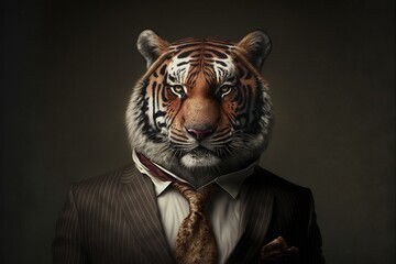 Orange safari Tiger in a jacket suit on a gray with a butterfly background close up. Animals, serious look, funny safari. Office suit concept. Illustration in high quality. Generative AI