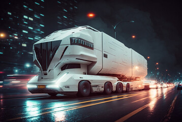 abstract futuristic big truck on road, fictional vehicle and location, autonomous cargo transportation, AV cargo truck, Generative AI