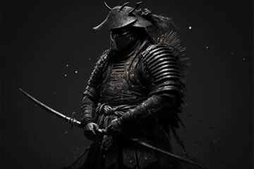 Samurai on a black background. Medieval warrior in a closed helmet, master of sword, fencing, full set of armor. Illustration in high quality. Generative AI