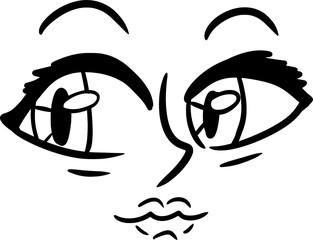 Vector drawing of human eyes with noses and eyebrows.Emotional, emoticon.Outline, silhouette, black and white, isolated.Cartoon style, flat,doodle.Smirk, eyebrows raised,big eyelashes.Interest,joyful.