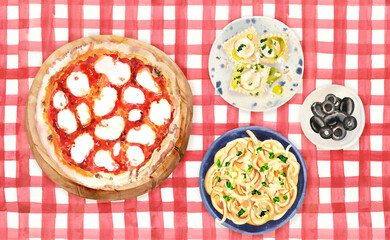Italian traditional brunch, pizza, pasta, ravioli and antipasti. Watercolor hand painted illustration on table cloth background for menu design, print, social media.