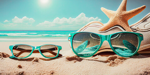 Beach Accessories On Yellow Wooden Plank Summer Colors, summer celebration concept, Generative AI