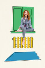 Photo collage artwork minimal picture of happy smiling lady sitting window inside warm flat isolated drawing background