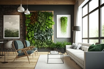 Green Wall, Vertical Garden, Eco Bio Room Interior with Live Plans, Abstract Generative AI Illustration